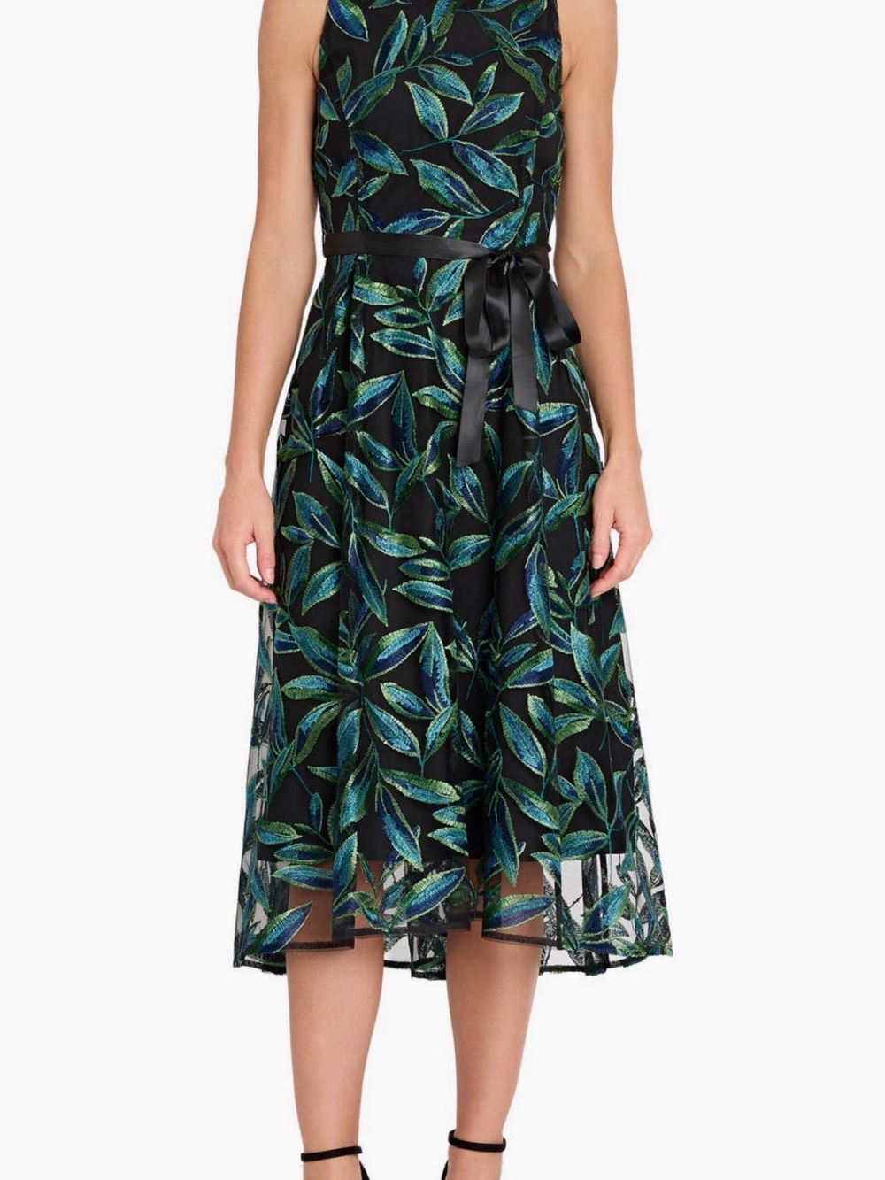 Tahari ASL Black Midi Dress with Green and Blue Leaf Embroidery